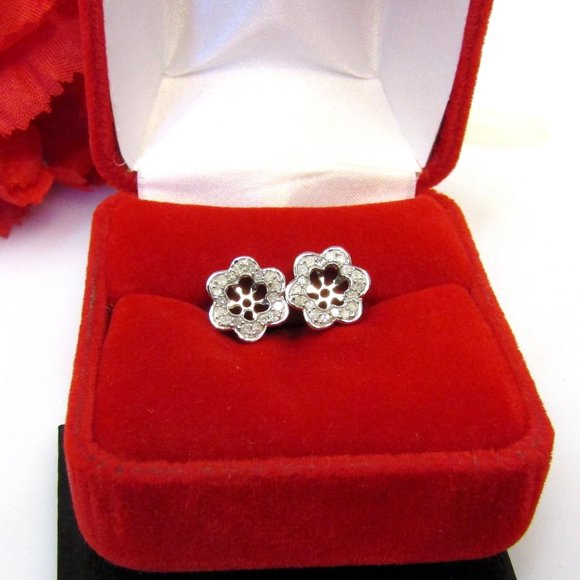 Diamond Flower Earring Enhancer Jackets 10k White Gold Natural Genuine Real - Picture 3 of 9